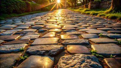 Poster - Cobblestone path illuminated by the warm glow of the setting sun, creating a captivating interplay of light and shadow