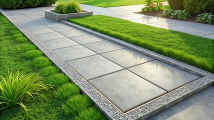 Aufkleber - A stone pathway lined with a row of small stones, leading through a lush green lawn towards a modern garden design.