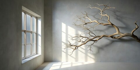 Leinwandbilder - A Minimalist Interior Featuring a Bare Branch Against a White Wall with Sunlight Streaming Through a Window