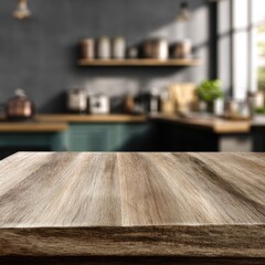 Poster - Rustic wooden table surface with blurred kitchen background showcasing vintage charm and inviting atmosphere perfect for product display or culinary concepts