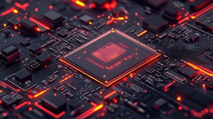 Poster - Red lit central processing unit on circuit board technology background