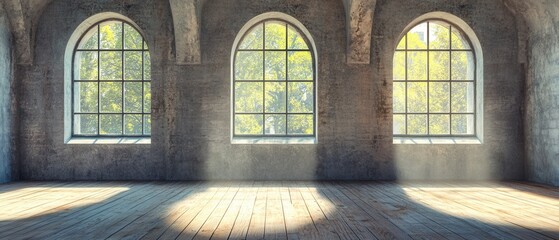 Poster - Interior of a rustic room with three arched windows overlooking vibrant green trees and sunlight streaming across the wood floor creating a serene and inviting atmosphere
