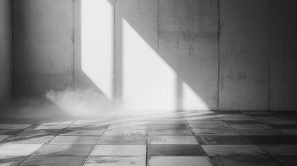 Poster - Dramatic interior scene with light rays illuminating concrete wall and tiled floor creating a moody atmosphere with fog and shadows for architectural visualization