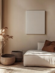 Poster - Serene interior scene with neutral tones and natural elements creating a calm and inviting atmosphere with sunlight and a blank canvas for art
