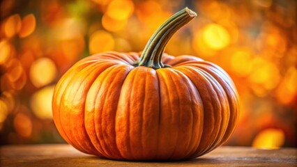 Poster - A single, plump pumpkin with a vibrant orange hue rests on a wooden surface, framed by a warm, blurred background of autumnal colors.