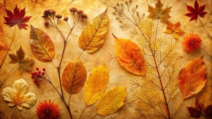 Poster - A Still Life of Autumn Leaves and Flowers Pressed onto Antique Paper