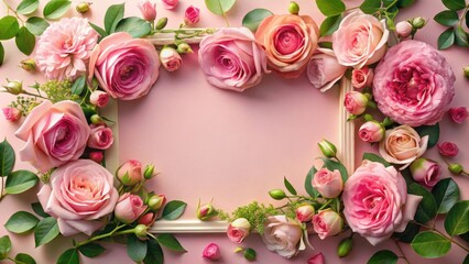 Poster - A delicate frame of pink roses with soft petals and green leaves on a pale pink background.