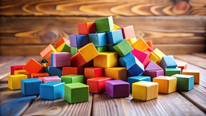 Poster - A pile of colorful wooden blocks on a rustic wood surface, representing the endless possibilities of childhood imagination and creative play.
