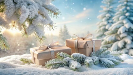 Poster - Two Wrapped Gifts Resting on Snowy Ground with Evergreen Boughs in the Foreground and a Wintery Forest Background