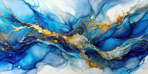 Aufkleber - Abstract Art with Swirling Blue and Golden Hues, Intertwined in an Intricate Dance of Fluid Lines and Shapes
