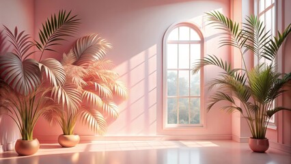 Aufkleber - Sunlight streams through a window illuminating a pink room with potted palm trees and a soft pink floor