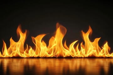 Poster - Captivating flames dance against a dark background creating a mesmerizing display of energy and warmth in a dramatic and evocative composition with a reflective surface