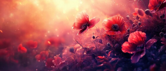 Poster - Vivid poppy blossoms bathed in golden light create a dreamy floral landscape with a soft romantic atmosphere and a painterly artistic style enhancing the natural beauty