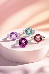 Poster - Exquisite gemstone rings in vibrant colors on a pink surface showcasing luxury jewelry with a soft light and a modern aesthetic perfect for jewelry promotion
