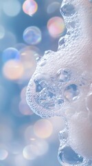 Poster - Serene close up of delicate soap bubbles against a soft blue background creating a dreamy ethereal mood with bokeh lights and clean aesthetic for spa product