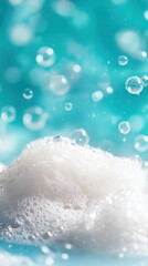 Poster - Captivating close up of fluffy white soap foam with transparent bubbles floating against a vibrant blue background creating a refreshing and clean aesthetic in a studio shot