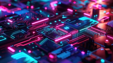 Fototapete - This vibrant abstract graphic design showcases a colorful array of technology elements, illuminated in neon hues, depicting a modern, digital landscape ideal for creative projects.