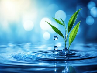 Poster - Serene aquatic sprout emerges in tranquil water ripple with soft light and bokeh background symbolizing growth and renewal in a peaceful environment