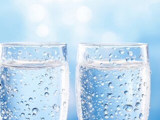 Poster - Refreshing hydration two glasses of pure water with condensation droplets against a serene blue backdrop capturing a sense of cleanliness and healthy lifestyle in a minimalist style