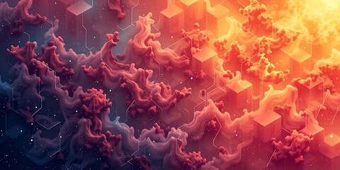 Poster - Abstract cloudscape with geometric shapes in warm and cool tones and starry background