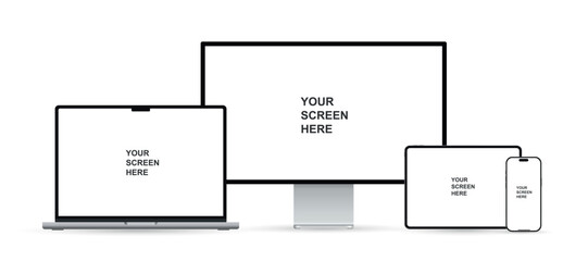 Aufkleber - Realistic set of monitor, laptop, tablet, and smartphone. Modern digital devices collection. Vector illustration isolated on white background.
