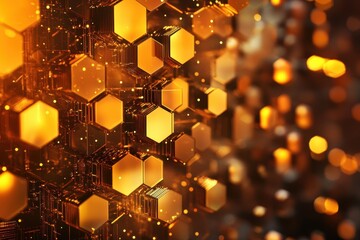 Poster - Complex hexagonal shapes create a mesmerizing abstract background with golden hues and depth, abstract background of complex hexagonal shapes the concept of computer memory technology