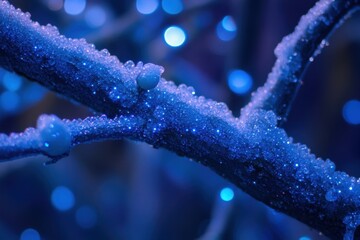 Poster - Enchanting macro of icy branch with sparkling frost in vibrant blue hues creating a magical winter atmosphere with bokeh lights and a dreamy ethereal feel