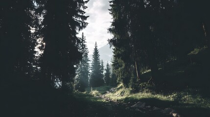 Wall Mural - forest trail winding through tall pine trees with morning light streaming through the branches