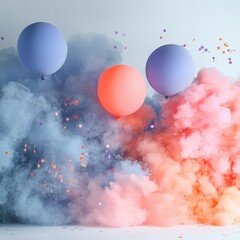 Poster - Dreamy Celebration with Pastel Balloons Floating Amidst Colorful Smoke and Confetti A Whimsical and Ethereal Scene Perfect for Festive Occasions and Joyful Moments