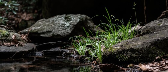 Poster - Tranquil stream with vibrant green grass and mossy rocks in a serene forest setting creating a peaceful and natural atmosphere with a low angle perspective