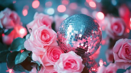 Poster - Shimmering Disco Ball Nestled Among Soft Pink Roses Reflecting Festive Lights Celebration Romance