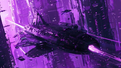 Poster - This artwork features a stunning cyberpunk spaceship soaring through a vibrant urban cityscape, illuminated by neon lights and intricate designs, showcasing advanced technology and a futuristic vision