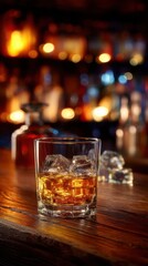 Poster - Exquisite whiskey with ice cubes in a glass on a wooden bar top with a blurred bar background, warm lighting, and inviting atmosphere, perfect for a relaxing evening
