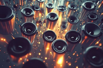 Poster - Dynamic speakers rising through an abstract animated music background, Speakers going up ing music abstract animated background
