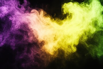 Poster - Abstract smoke explosion with vibrant purple yellow and green hues creating a dreamy ethereal effect against a dark black background for modern design