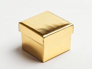 Poster - Elegant golden gift box on white background shining with festive luxury and anticipation perfect for celebration and special occasion with a sense of wealth and glamour