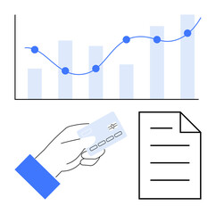 Poster - bar graph with trendline, hand holding credit card for payment, and text document outline. ideal for