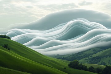 Poster - Timelapse of shifting white clouds over rolling green hills at dawn, Time-lapse of the shape of white clouds changing and gradually disappearing in the blue sky