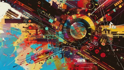 Fototapete - This intense abstract artwork features bold colors and dynamic shapes. It showcases a vibrant blend of patterns and lines, perfect for modern design projects.