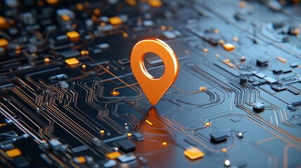 Poster - Orange map marker on circuit board digital location technology