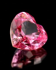 Poster - Radiant pink heart shaped gemstone on black reflective surface capturing love and romance with sharp focus and elegant simplicity for stock photo use