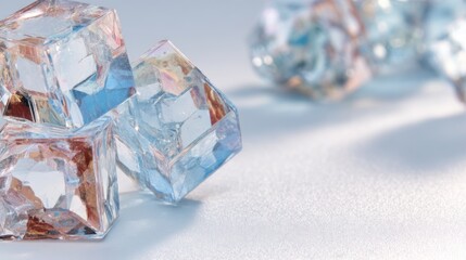 Poster - Abstract ice cube composition showcasing crystal clear frozen water on a light blue background reflecting light and shadow creating a cool and refreshing visual