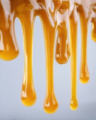 Poster - Golden caramel drips elegantly against a soft light blue background creating a mesmerizing visual texture showcasing sweet dessert topping with a smooth and flowing appearance
