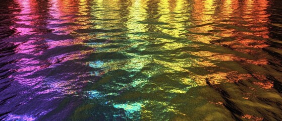 Poster - Vibrant iridescent water surface reflecting colorful light spectrum creating a mesmerizing visual effect with a dynamic and unique aesthetic for modern design projects