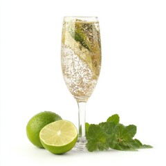 Poster - Refreshing lime and mint sparkling drink in a champagne flute against a clean white background creating a sense of celebration and freshness with a bright and airy feel
