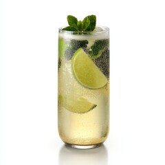 Poster - Refreshing summer beverage with lime slices and mint leaves in a glass on white background