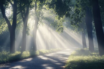 Poster - Volumetric light rays illuminate a foggy forest path surrounded by lush trees at dawn, 4k of light with fog Volumetric light, rays of light, glare, sun