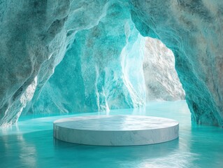 Poster - Serene ice cave with turquoise water and a marble podium display for product showcase dreamy and ethereal atmosphere with a cool and refreshing visual mood