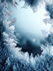 Poster - Winter frost crystals forming delicate patterns on a cold window pane creating a seasonal frame with a soft blue background and a dreamy ethereal style