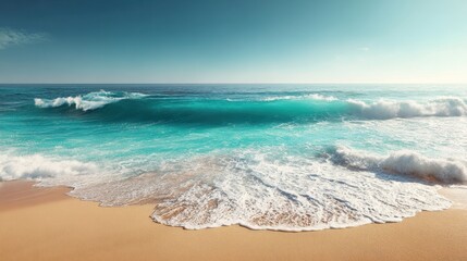 Poster - Tranquil turquoise ocean wave cascading onto golden sand beach under clear blue sky creating a serene seascape with a calming atmosphere for a peaceful vacation